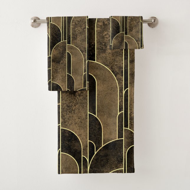 Rich Brown and Gold Art Deco Pattern Bath Towel Set (Insitu)