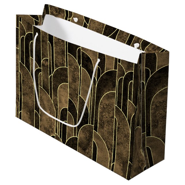 Rich Brown and Gold Art Deco Pattern Large Gift Bag (Front Angled)