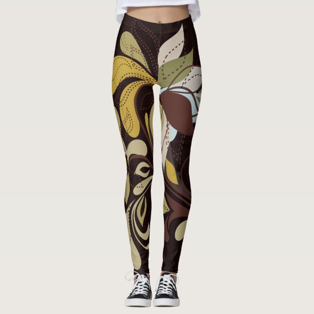 Rich Brown Autumn Hues in Bold Contemporary Print Leggings (Front)