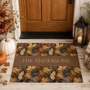 Rich Brown Beige Autumn Leaves Family Name Doormat