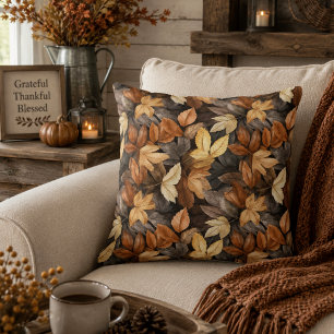 Rich Brown Beige Autumn Leaves Rustic Farmhouse Cushion