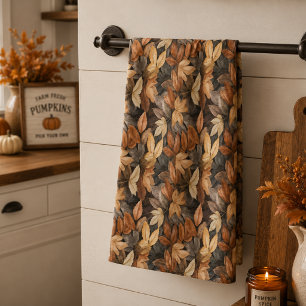 Rich Brown Beige Autumn Leaves Rustic Farmhouse Tea Towel
