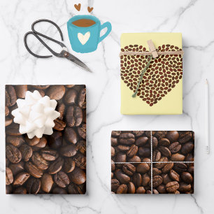 Rich Brown Coffee Beans + Hearts Pattern Wrapping Paper Sheet