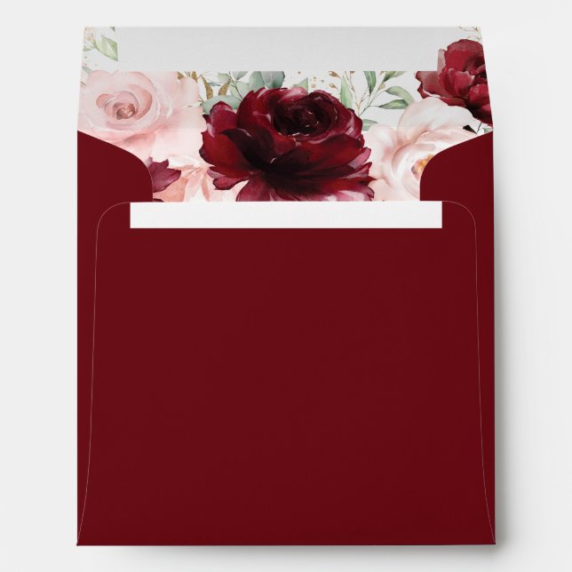 Rich Burgundy Blush Floral Square Round Cards Envelope (Back (Bottom))