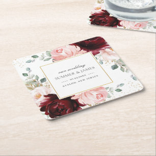 Rich Burgundy Blush Pink Floral Wedding Favour Square Paper Coaster