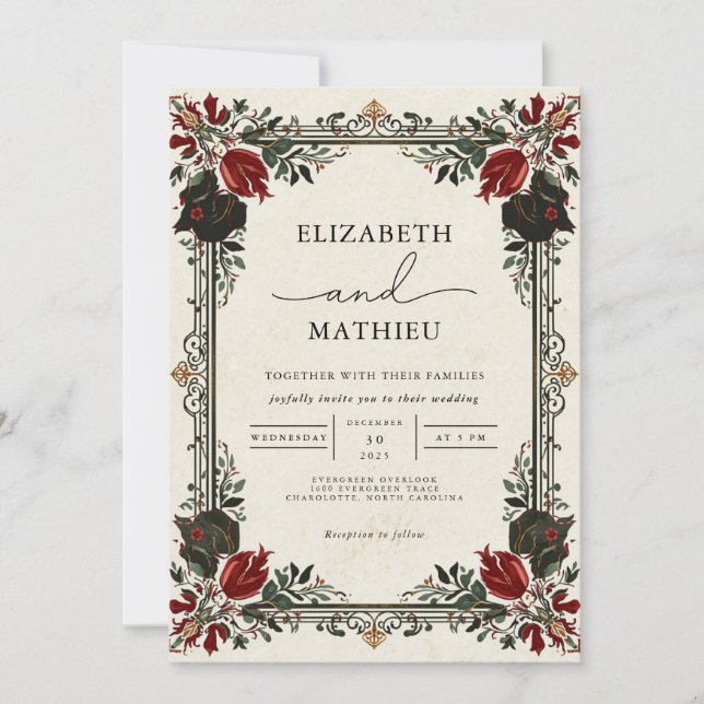 Rich Burgundy Floral Border Botanical Wedding Invitation (Front)