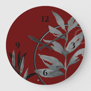 Rich Burgundy & Gray Artistic Watercolor Botanical Large Clock