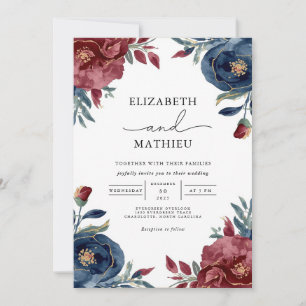 Rich Burgundy Navy Floral Garden Wedding Invitation