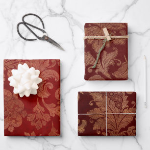 Rich Burgundy Red and Gold Damask Wrapping Paper Sheet