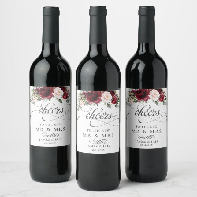 Rich Burgundy Red Blush Pink Floral Wedding Wine Label (Bottles)