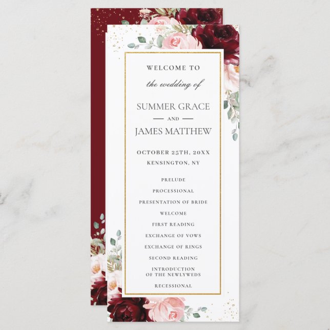 Rich Burgundy Red Blush Pink Roses Floral Wedding  Program (Front/Back)