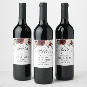 Rich Burgundy Red Ivory White Floral Wedding Wine Label