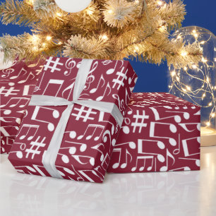 Rich Burgundy Wine w White Music Notes Wrapping Paper