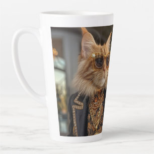 Rich cat standing in front of a mansion latte mug