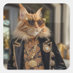 Rich cat standing in front of a mansion square sticker