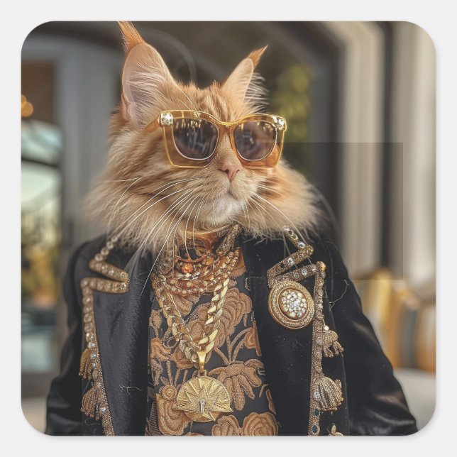 Rich cat standing in front of a mansion square sticker (Front)