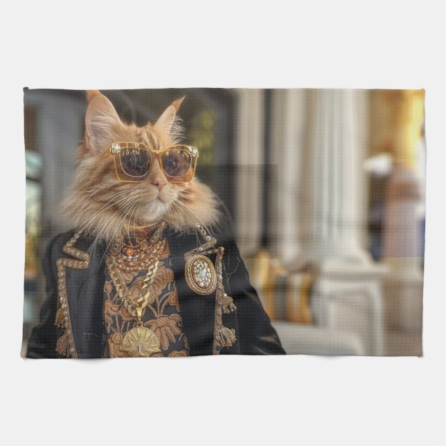 Rich cat standing in front of a mansion tea towel (Horizontal)