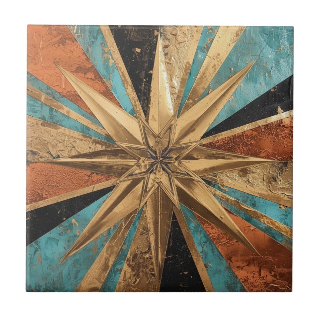 Rich Copper Metallic gold geometric starburst Ceramic Tile (Front)