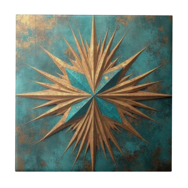 Rich Copper Metallic gold geometric starburst Ceramic Tile (Front)