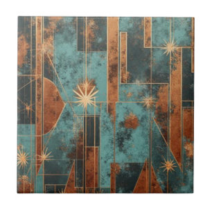 Rich Copper Metallic gold geometric starburst Ceramic Tile