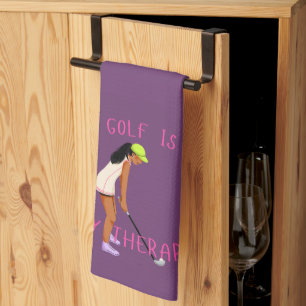 Rich Deep Plum 'Golf Is My Therapy' Lime Green Tea Towel