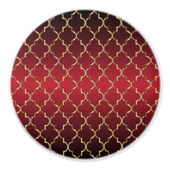 Rich Deep Red and Gold Quatrefoil Ceramic Knob (Front)