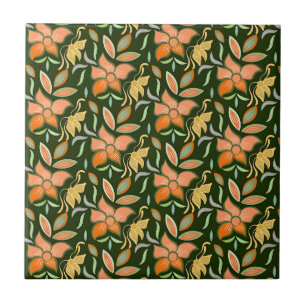 Rich Floral Pattern: Peach Flowers and Green Leave Ceramic Tile
