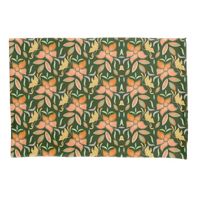 Rich Floral Pattern: Peach Flowers and Green Leave Pillowcase (Front-Left)