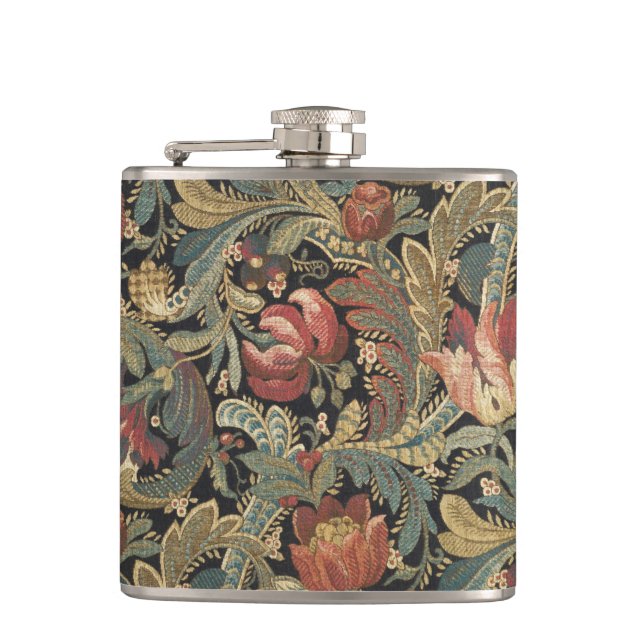 Rich Floral Tapestry Brocade Antique Classic Hip Flask (Front)