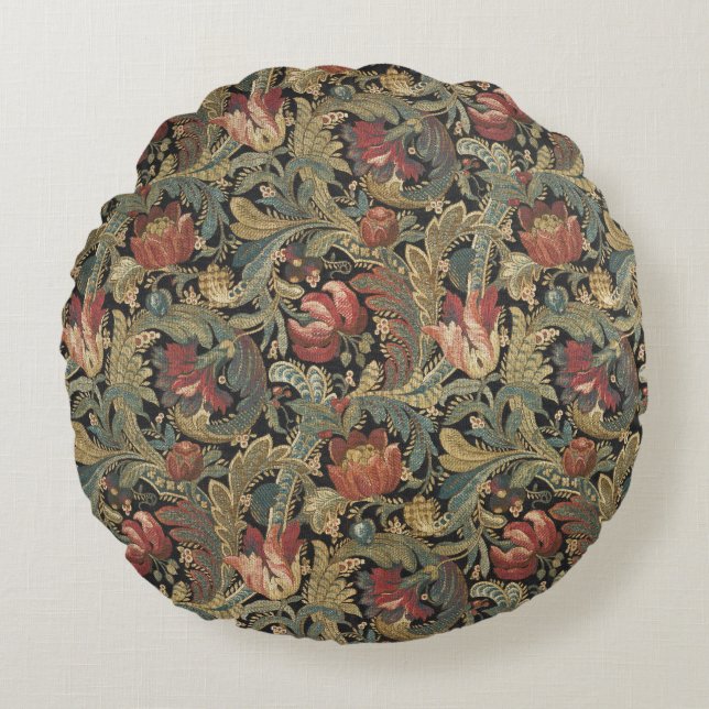 Rich Floral Tapestry Brocade Antique Classic Round Cushion (Front)