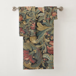 Rich Floral Tapestry Brocade Antique Victorian Bath Towel Set