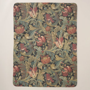 Rich Floral Tapestry Brocade Antique Victorian Sherpa Blanket