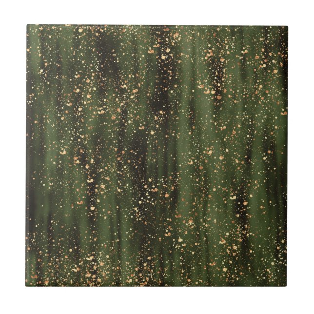 Rich Green and Gold Abstract Sparkle Pattern Ceramic Tile (Front)