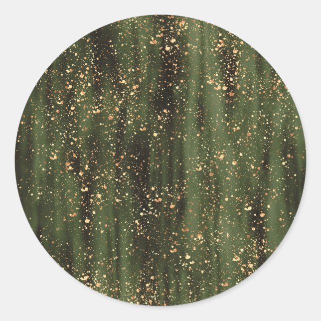 Rich Green and Gold Abstract Sparkle Pattern Classic Round Sticker (Front)