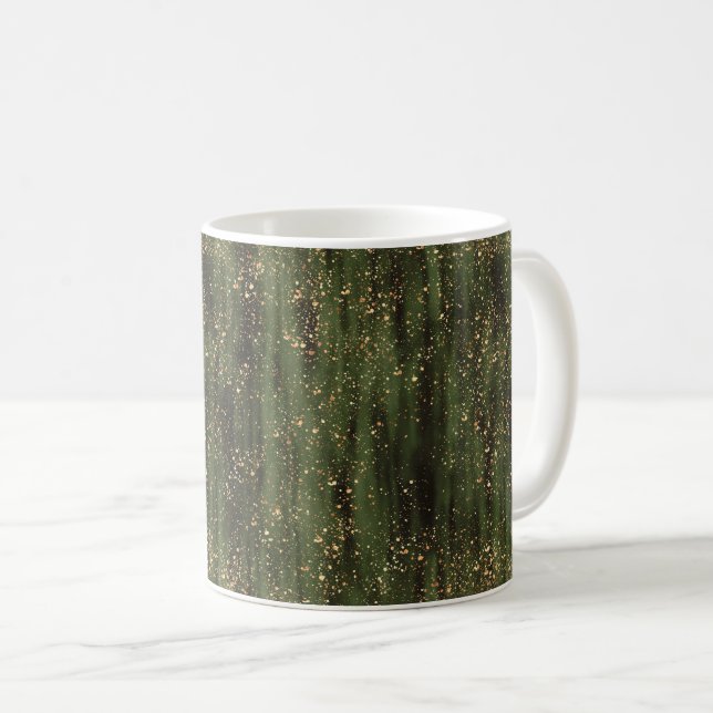 Rich Green and Gold Abstract Sparkle Pattern Coffee Mug (Front Right)