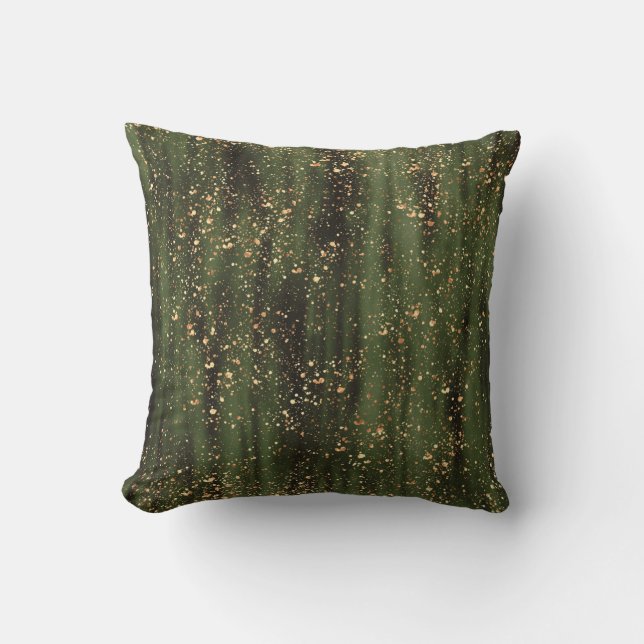 Rich Green and Gold Abstract Sparkle Pattern Cushion (Front)