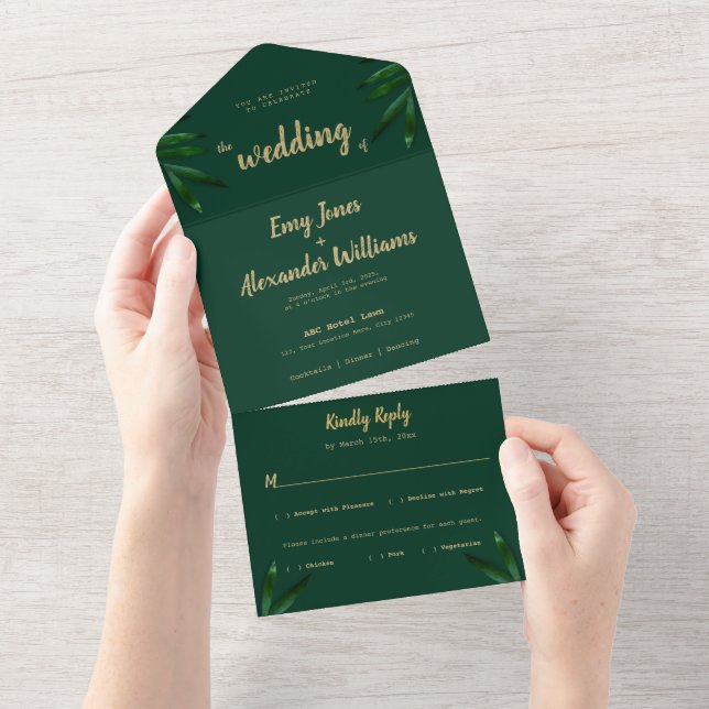 Rich Green Golden Theme All In One Invitation (Tearaway)