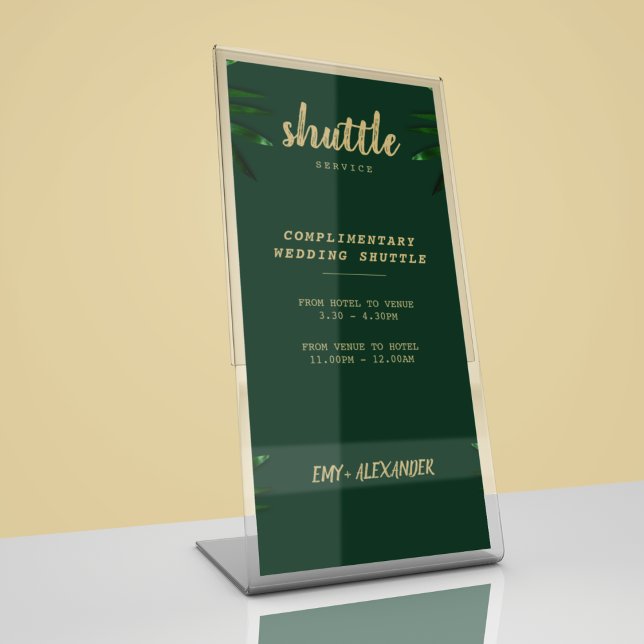 Rich Green Golden Theme Save The Date Pedestal Sign (place these wedding shuttle card to help your guests with the timing and transportation)