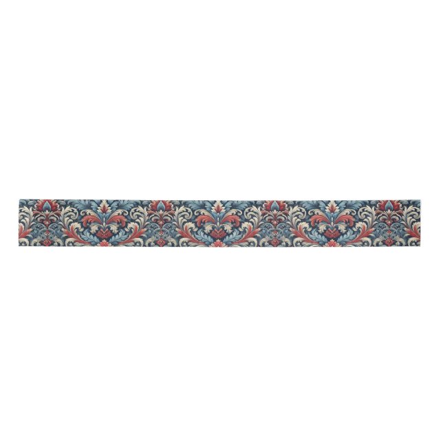Rich hues of red and blue damask pattern  satin ribbon (Front)