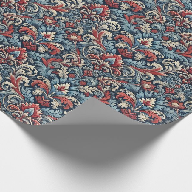 Rich hues of red and blue damask pattern  wrapping paper