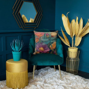 Rich Jewel Toned Florals and a Winged Dragonfly  Cushion