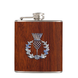 Rich Mahogany Wood Scottish Thistle Print Hip Flask