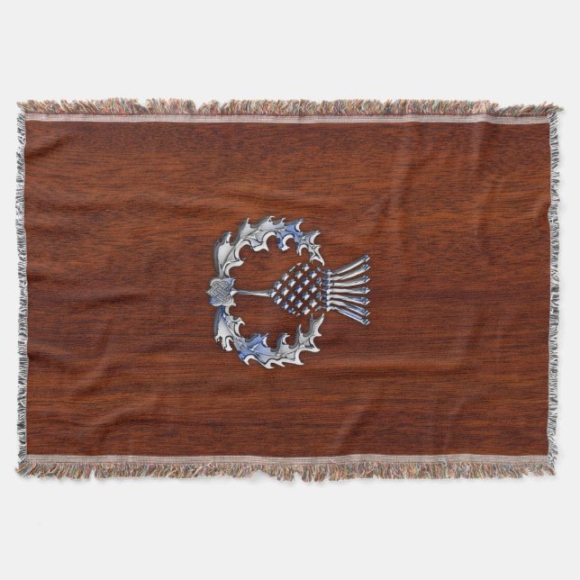 Rich Mahogany Wood Scottish Thistle Print Throw Blanket (Front)