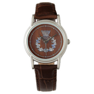 Rich Mahogany Wood Scottish Thistle Print Watch
