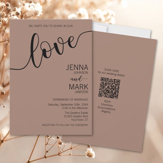 Rich Mocha Black Love Script Minimalist Wedding Invitation (Creator Uploaded)