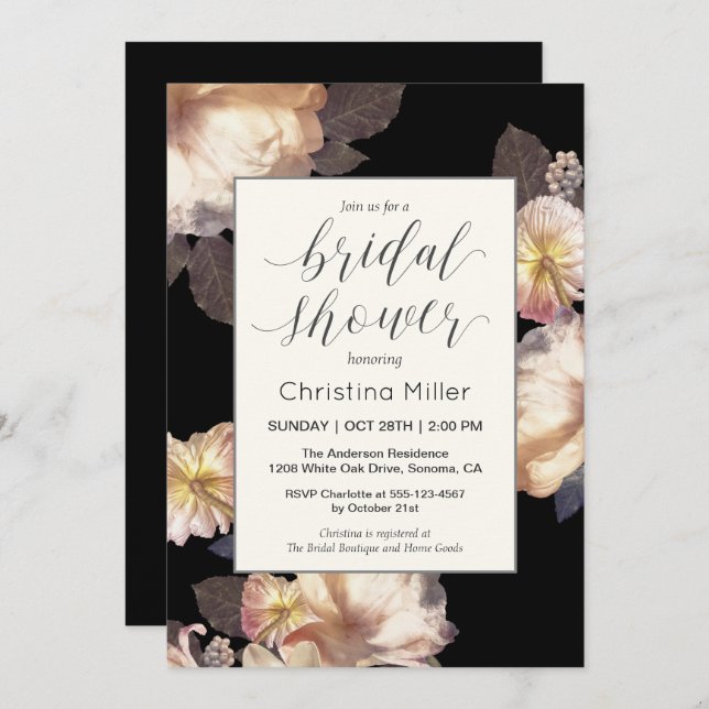Rich Moody Floral Elegant Bridal Shower Invitation (Front/Back)