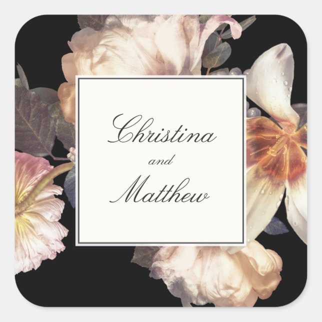Rich Moody Floral Wedding Favour Sticker with Name (Front)