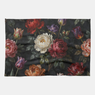 Rich Moody Peony Tulip Floral Arrangement Tea Towel