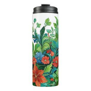 Rich Nature Pattern with Red Blooms & Blue Leaves Thermal Tumbler