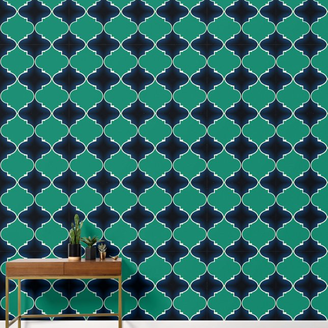 Rich navy blue and peacock green moroccan pattern wallpaper (Hallway)